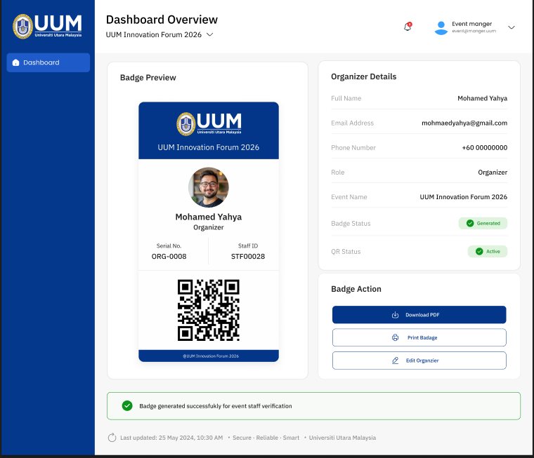 UUM Today organizer badge detail with QR code, badge status, and PDF download actions