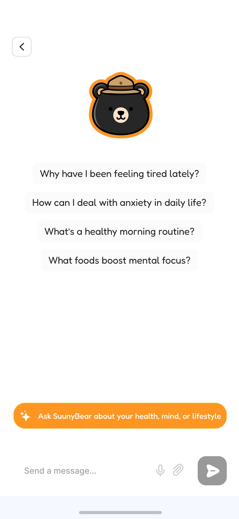 SunnyBear CallMind AI chat screen with suggested wellbeing questions