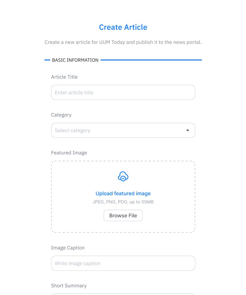 UUM Today create article form with title, category, featured image upload, and summary fields