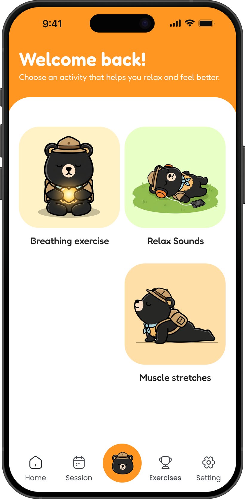 SunnyBear relaxation activity picker with breathing exercise, relax sounds, and muscle stretches