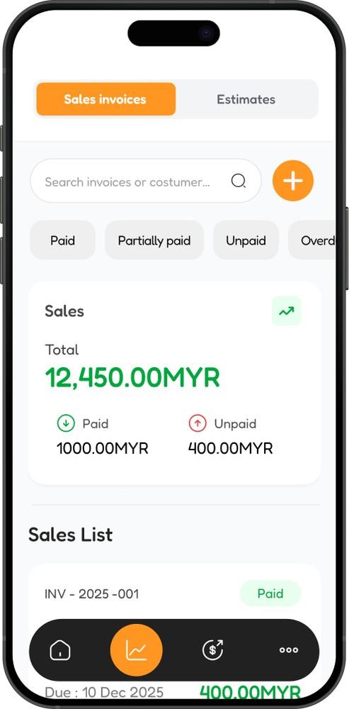 Mobile accounting sales invoice dashboard