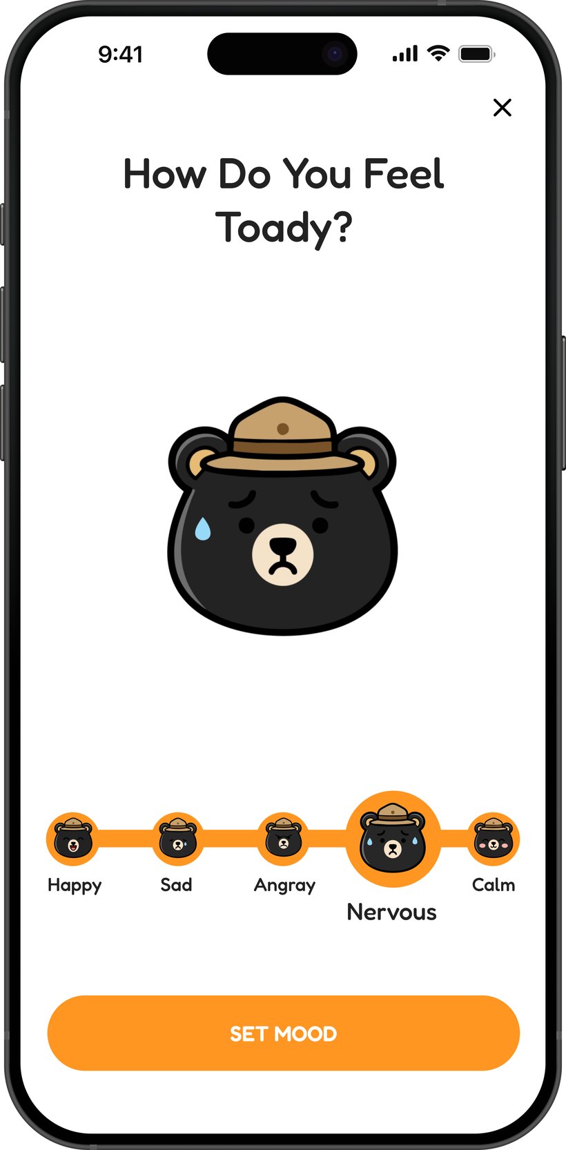 SunnyBear mood check-in screen with a happy to calm emotional scale