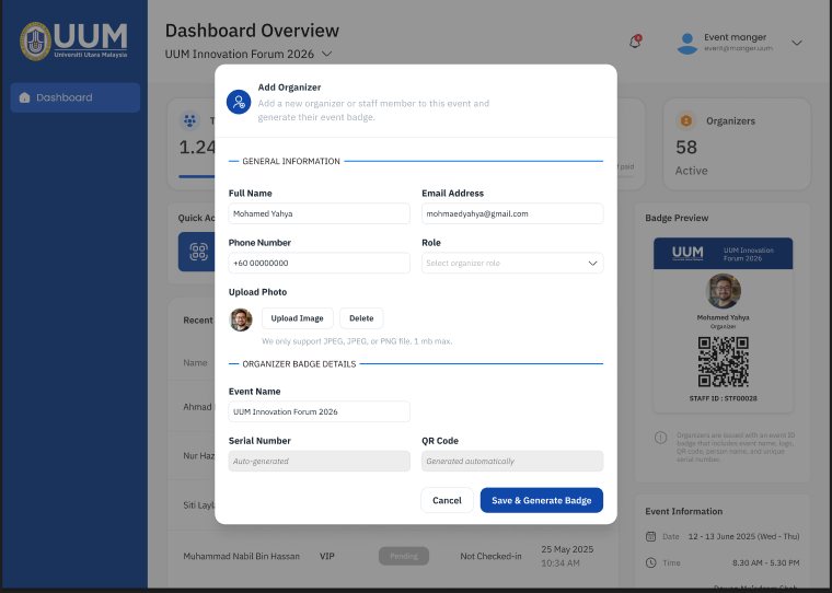 UUM Today add organizer dialog assigning a role and generating an event badge